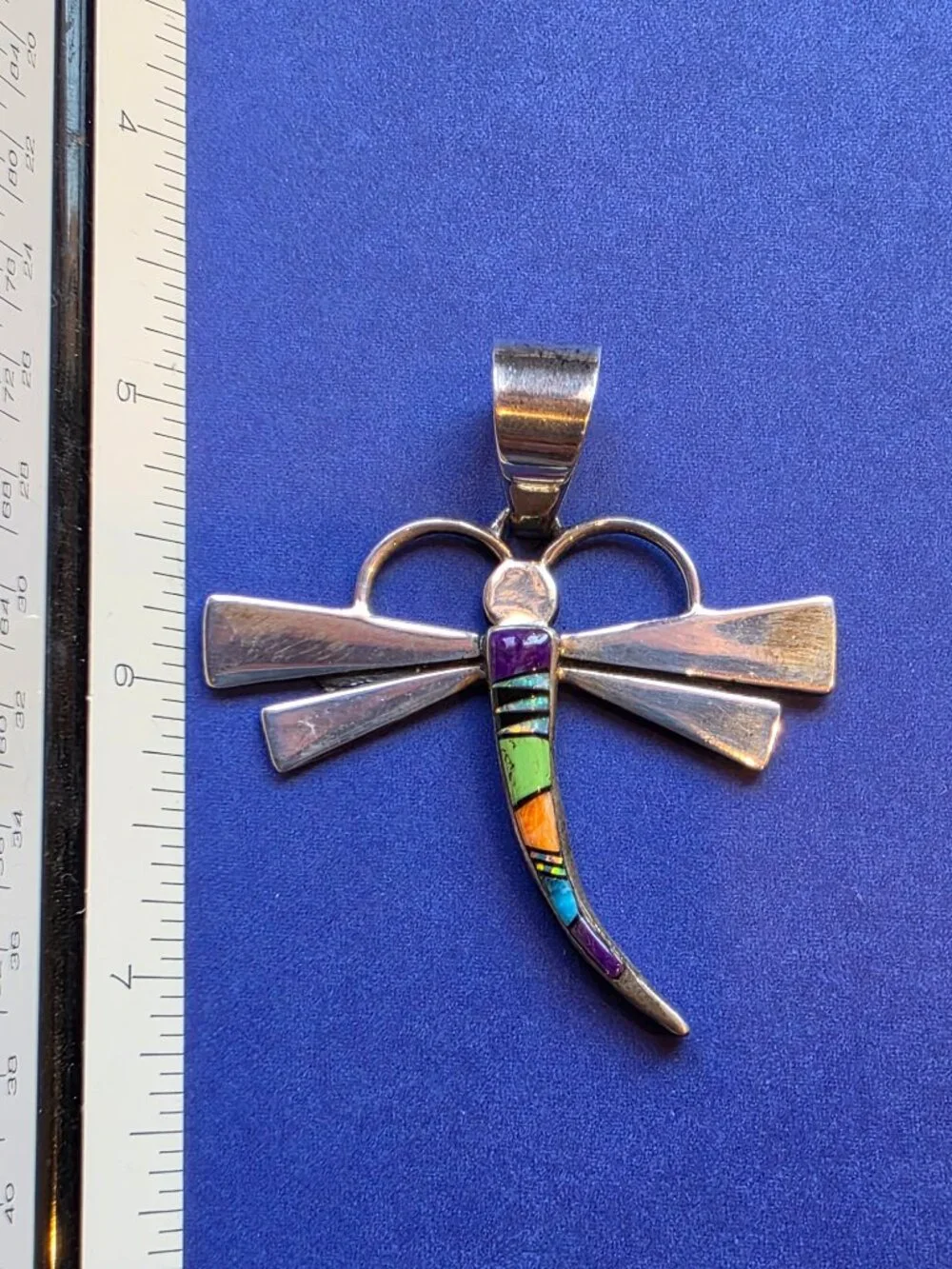 Calvin Begay Native American Sterling Silver Inlaid Dragonfly Pendant - Picture 3 of 5